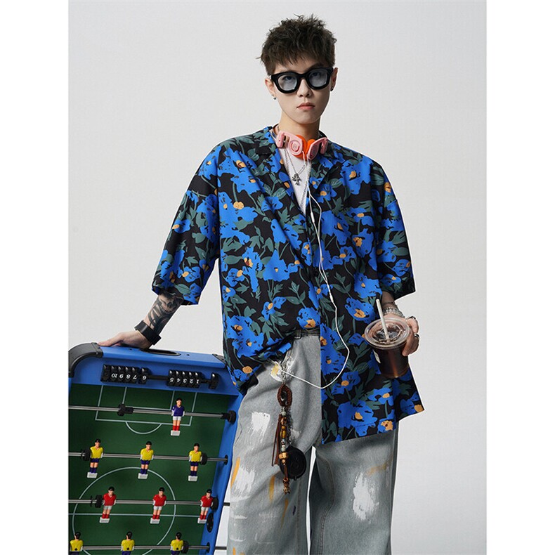 8XL-M冰丝凉感衬衣垂感透气复古花纹宽松男五分袖短袖衬衫CS526，男装衬衫，电商D206-1