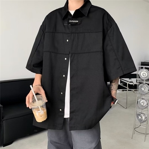 小众机能宽松廓形短袖衬衫男痞帅垫肩休闲衬衣男 C5002图片