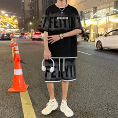 特P48无差价2025夏季新款假两件字母印花拼色五分裤套装男TZ611，男装休闲套装，电商C305A
