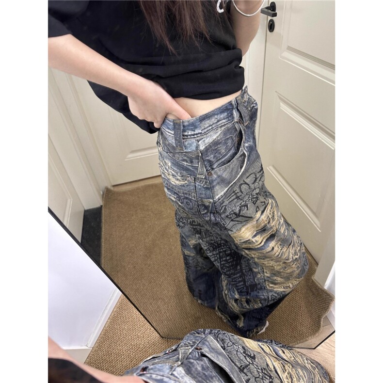 3D数码印花糜烂破洞裤阔腿Baggy牛仔裤男女同款,男装牛仔裤,星座1210-1