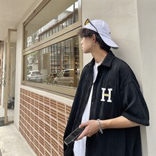 1港风情侣贴布绣衬衫大码M-5XL网红潮短袖衬衫DSC7767特P35控58，男装T恤，星座226-2