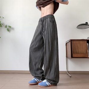 美式松弛感竖条纹休闲裤男女夏季慵懒风垂感直筒裤弯刀阔腿拖地裤图片