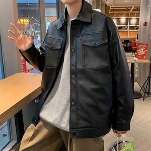 外套男秋季宽松工装皮夹克美式复古机车皮衣炸街男装PY109 P60图片