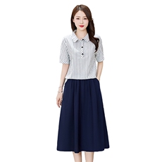 棉麻连衣裙女夏2024新款显瘦高端两件套气质别致条纹时尚套装裙子，女装套装/套裙，罗得堡