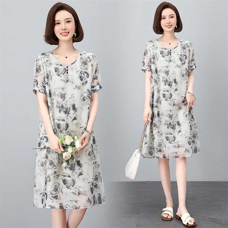高级感连衣裙女2025新款夏季大码女装遮肚子微胖妈妈减龄仿棉麻裙，女装连衣裙，鑫鑫格