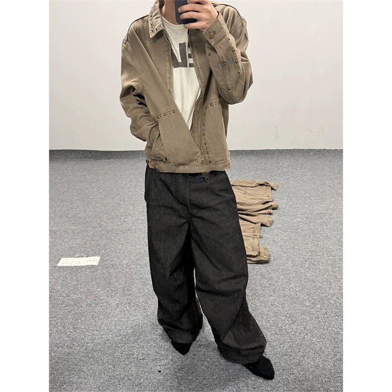 网图有货美式复古铆钉工装外套男女宽松休闲翻领夹克A1346-P95,男装夹克,星座1505