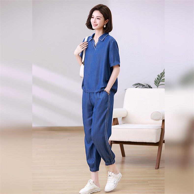 时尚显瘦牛仔套装女夏新款韩版宽松短袖上衣高腰长裤两件套,女装套装/套裙,叶笙衣