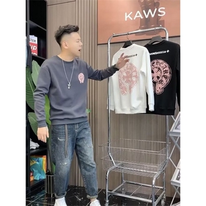 潮牌欧美洋气时尚高级复古白色长袖t恤男士梵文马蹄印花卫衣图片