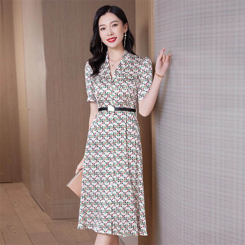2026新款夏连衣裙真丝a字气质印花收腰短袖裙气质23002,女装连衣裙,阿舍尔精品