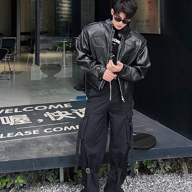 春秋季小众结构设计高级感垫肩机车PU皮衣男炸街立体形状潮牌外套,男装皮衣,星座506A
