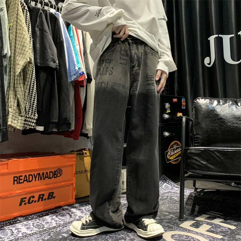牛仔裤男复古美式潮流拼接毛边宽松bf休闲阔腿老爹裤N02241-P45,男装牛仔裤,星座308B-1