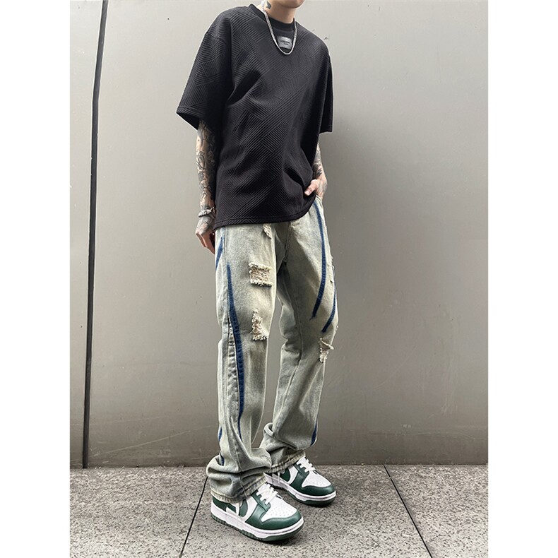 B221美式ins高街小众个性男女破洞牛仔裤LK23001-P65控88,男装牛仔裤,电商B221