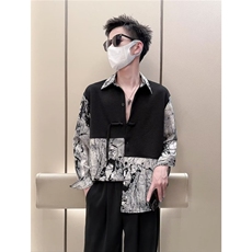 新中式宽松扎染长袖衬衫男装bf潮流拼接假两件盘扣衬衣网图，男装衬衫，星座410-6（原星座1304-1）