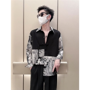 新中式宽松扎染长袖衬衫男装bf潮流拼接假两件盘扣衬衣 网图图片