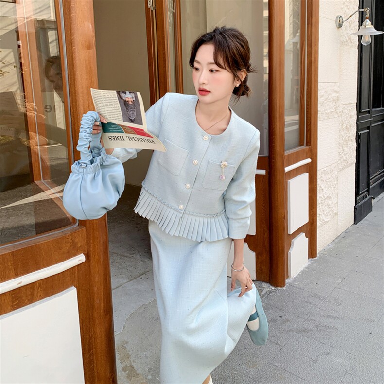 -2026年春季法式优雅压褶拼接两件套套裙女温柔风气质穿搭,女装套装/套裙,1D102-1