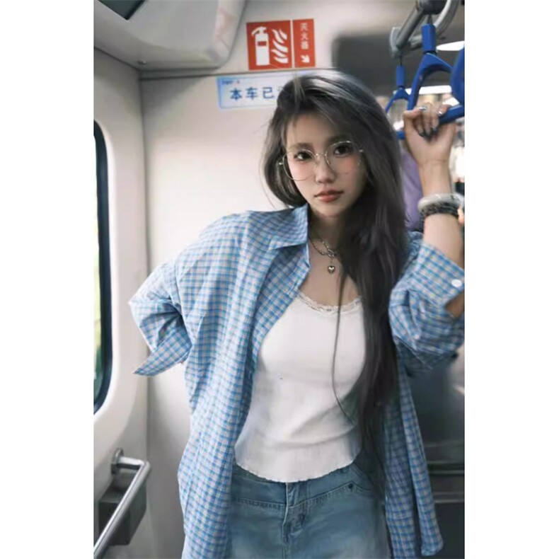 TC749-P45小清新蓝色格子polo领衬衫女慵懒显瘦韩版上衣服,男装衬衫,星座617A-2