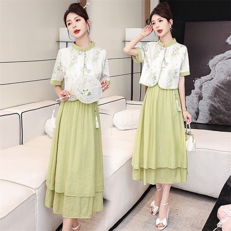 新中式碎花国风连衣裙套装女2024夏新款改良旗袍上衣半身裙两件套，女装套装/套裙，润尚靓点