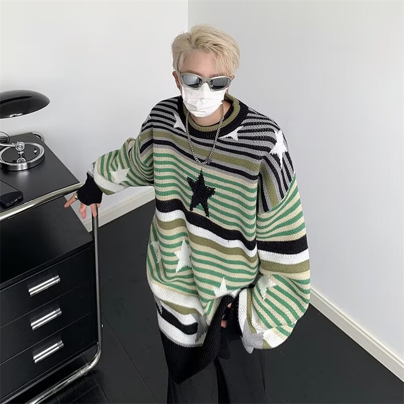 星星条纹毛衣宽松情侣男针织衫秋季ins慵懒风线衣外套MZ026-P47,男装针织衫/毛衣,星座412-3