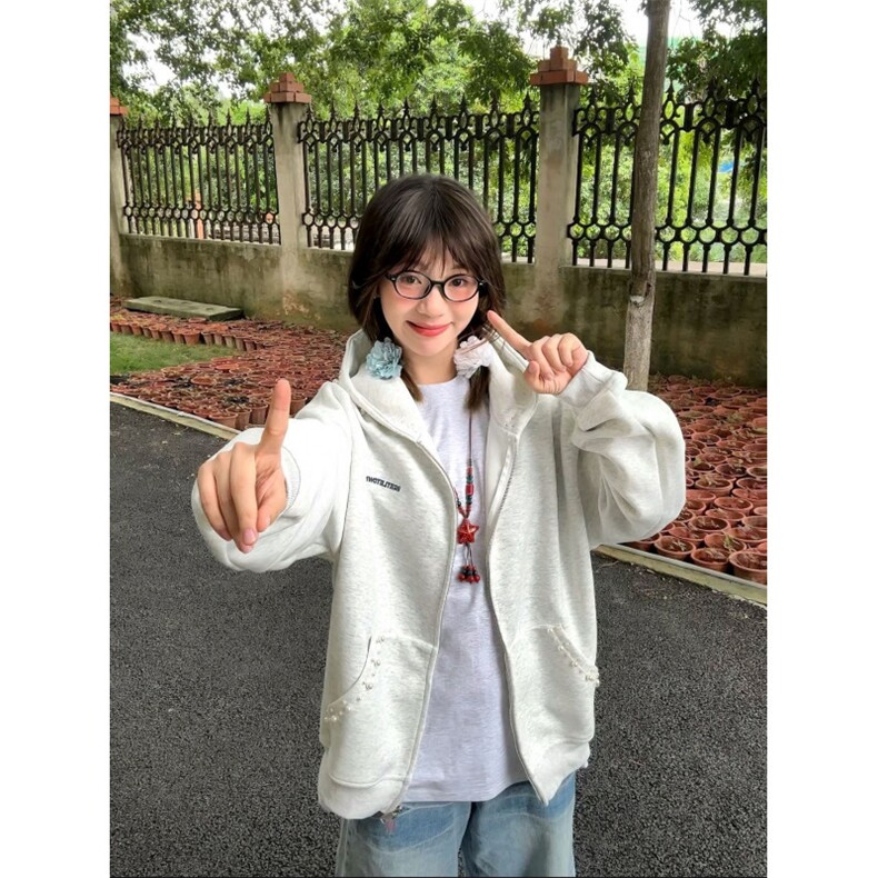 钉珠连帽开衫卫衣外套女2025新款秋冬美式高街复古宽松小众设计感,女装短外套,星座506A