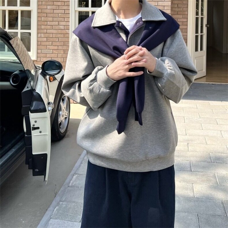 网图假两件卫衣韩版老钱风披肩撞色翻领卫衣外套WY112-P75,男装卫衣,星座1001-1