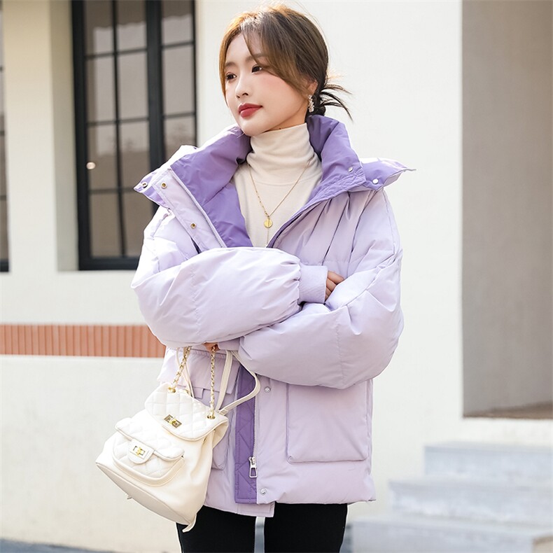【现货】加厚冬季短款羽绒服女纯色面包服连帽撞色拼接潮,女装羽绒服,梦懿尔