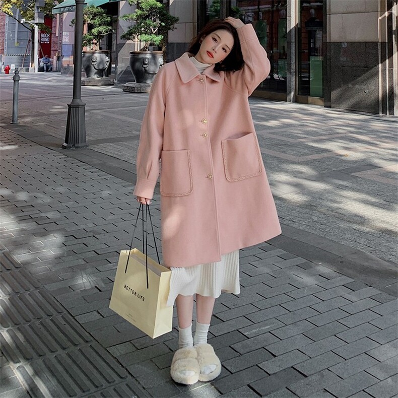 现货，2022新款粉色加厚中长款毛呢大衣P185-K258,女装连衣裙,浙宝276（原081）