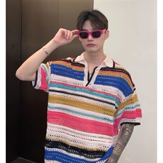 美式复古镂空条纹撞色针织polo衫宽松夏季新款翻领休闲短袖T恤男，男装T恤，星座506A