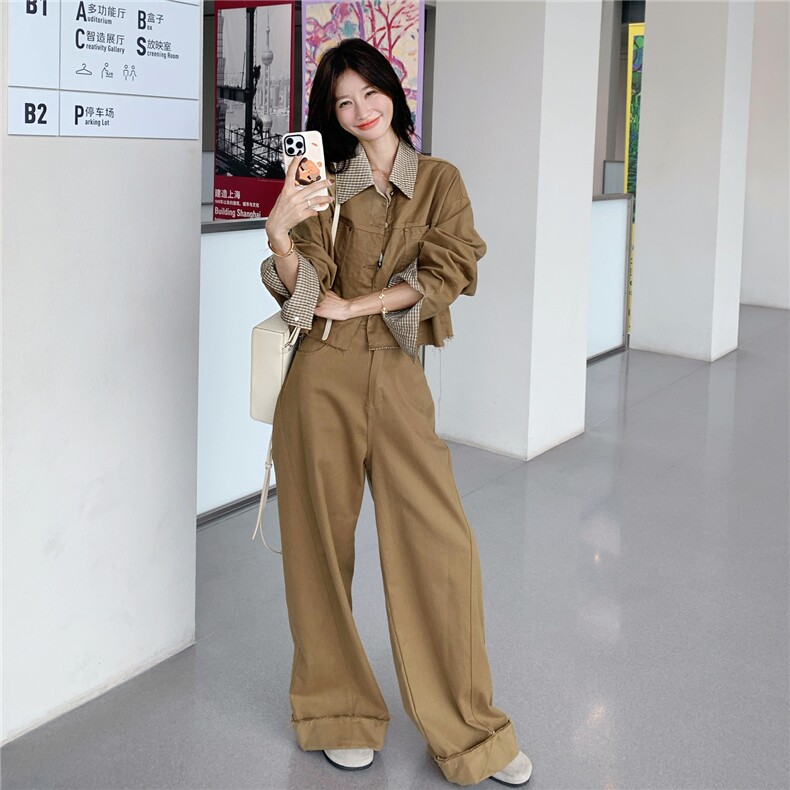 新款！大量！格子拼接工装阔腿裤两件套2C133-8975-P195-K268,女装套装/套裙,2C133