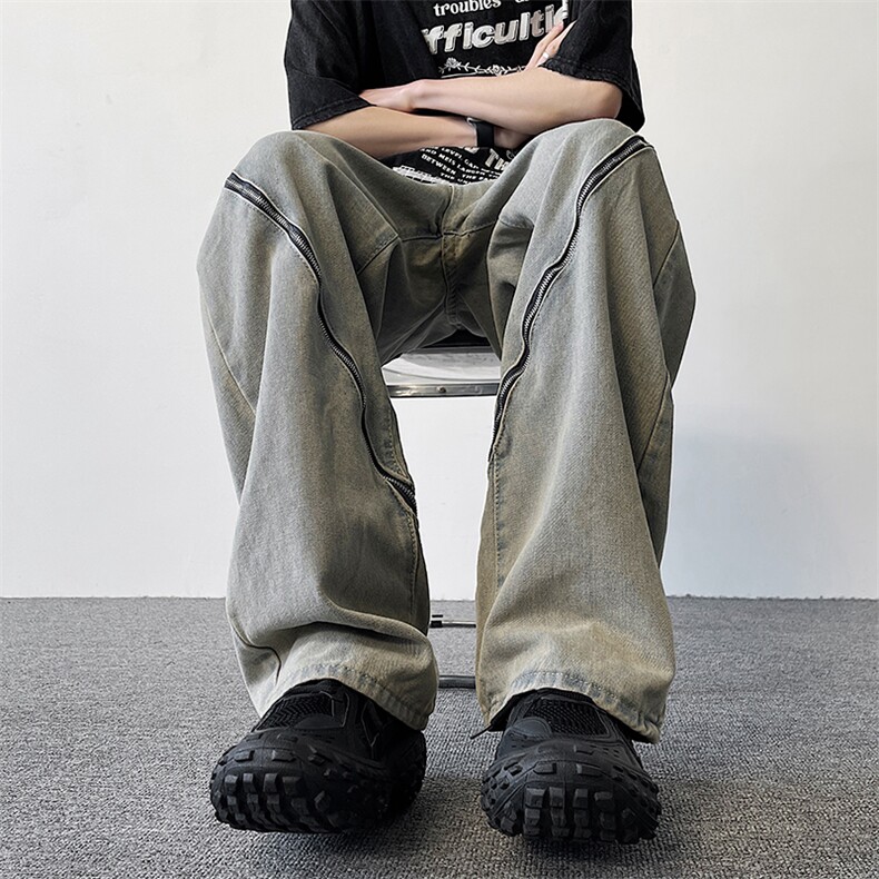 217-2-K1591-P55美式高街黄泥染牛仔裤男春季宽松直筒阔腿休闲裤,男装牛仔裤,星座217-2