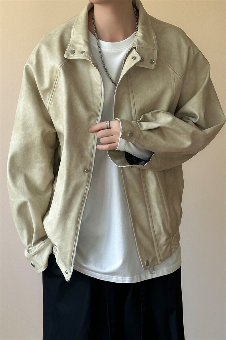 主推现货新款立领皮衣外套男宽松休闲机车皮夹克A351-AP2465-P105,男装夹克,电商A351