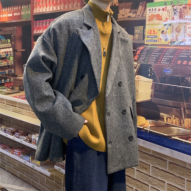 毛呢外套休闲潮灰色小西服上衣潮流ins双排扣呢子大衣  W1734-P60图片