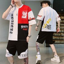 男士短袖t恤休闲套装宽松棉潮流半袖上衣服男夏季男装F155P55，男装套装，电商A086