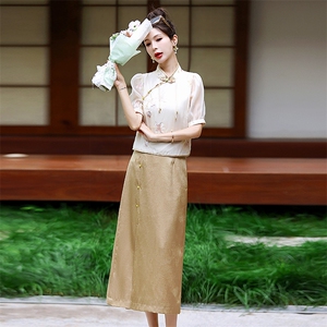 优雅新中式旗袍绣花盘扣短袖两件套连衣裙 显瘦修身气质女装图片