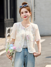 新中式刺绣短袖外套女2025夏季新款独特超好看小香风提花防晒上衣，女装短外套，伊仟回