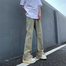 现货黄泥美式vibe裤高街黑色破洞微喇直筒毛边牛仔裤男K890-P55，男装牛仔裤，星座205