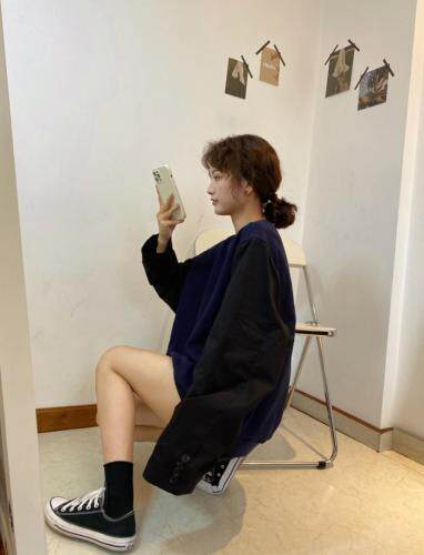 7099#压格拼接西装袖卫衣，女装西装，续加 XJ