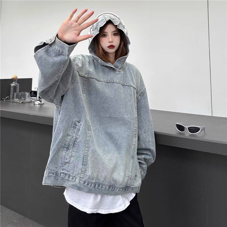 W411-P70 水洗做旧连帽卫衣男女美式街头潮牌宽松痞帅牛仔帽衫图片