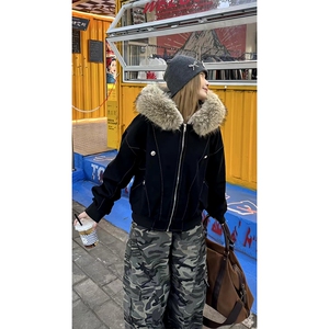现货重磅boxy短款棉衣座山雕大毛毛领男女棉服水洗工装厚外套图片