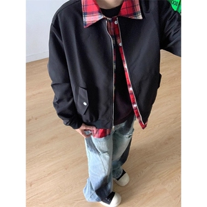 假两件工装翻领格子外套男秋季韩版潮流宽松上衣青年痞帅休闲夹克图片