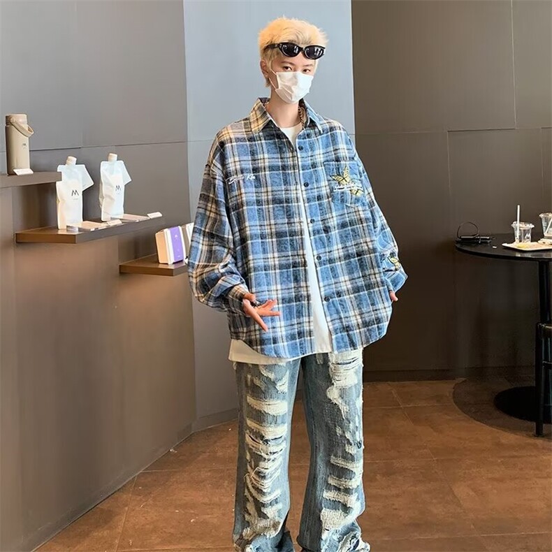 美式高街做旧刺绣衬衫外套男女格子潮牌春秋长袖衬衣CY1019-P47,男装衬衫,星座412-2