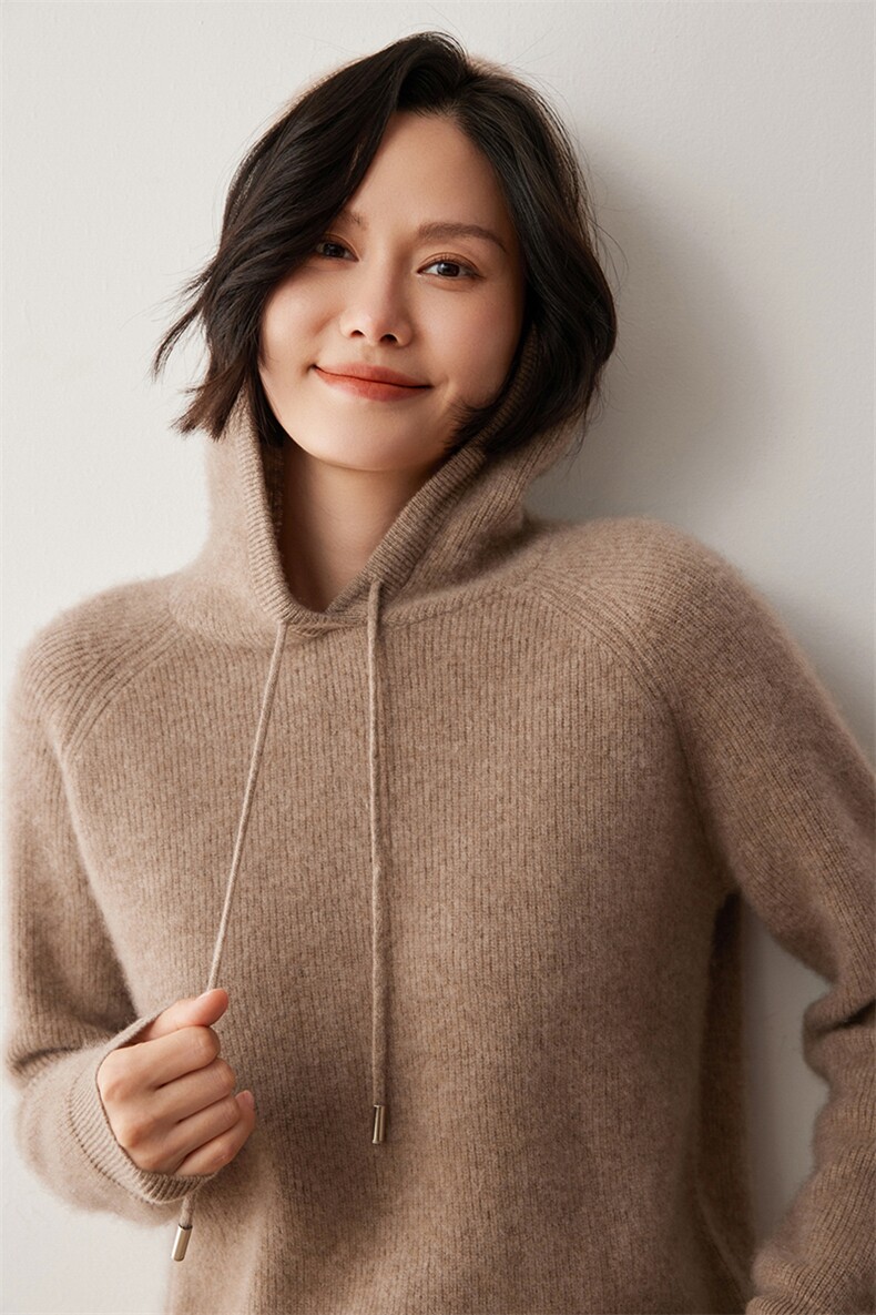 高端软糯山羊绒帽衫女毛衣秋冬套头宽松加厚连帽卫衣针织打底上衣,女装羊绒衫,蒂暖羊绒