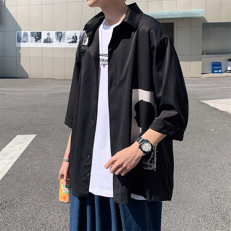 2026夏装新款印花短袖五分袖衬衫宽松大码衬衣CS56/P40黑,男装T恤,电商A094