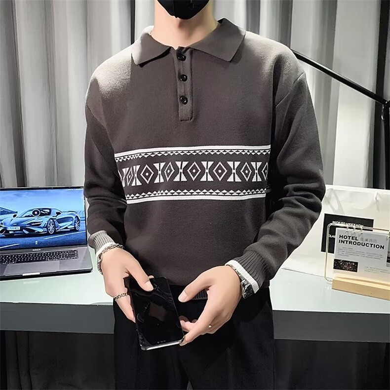 春秋冬拼色衬衫领毛衣男网红长袖打底针织衫男装修身线衣S576,男装针织衫/毛衣,星座1116A-2（原606A-1）