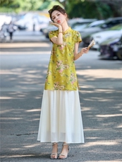 新中式国风优雅气质套装女2025夏季斜襟改良旗袍上衣阔腿裤两件套，女装套装/套裙，伊仟回