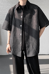 高品质潮流短袖衬衫小众解构肌理感黑色裂纹韩版花衬衫打底T恤P50图片