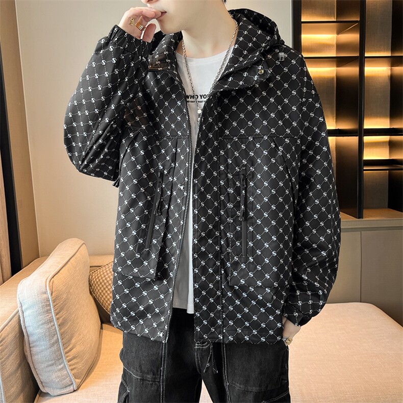 迷彩格子外套男春秋款连帽青少年春装冲锋衣夹克大码JK076-P100图片