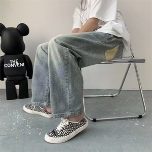 港风ins牛仔裤男潮牌口袋拼接韩版宽松直筒百搭阔腿裤N7076-p40图片