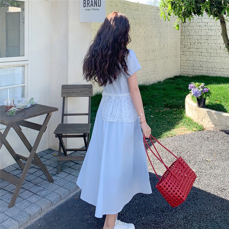 少女感减龄蓝色连衣裙女2025夏季新款法式温柔风蕾丝披肩A字长裙,女装连衣裙,2C273