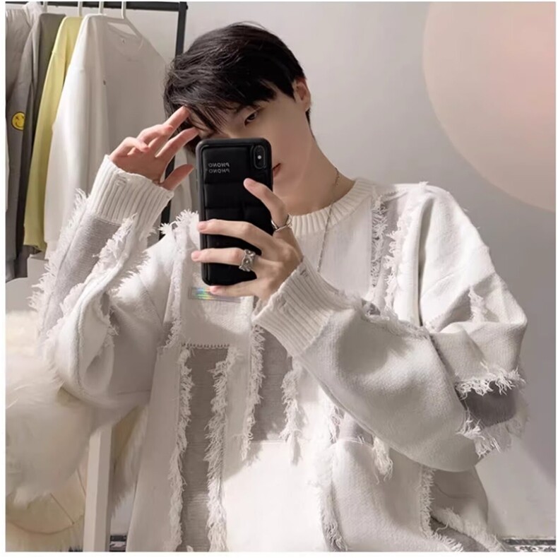 SH0896-P50冬季宽松毛衣小众设计感线衣外套秋冬季圆领保暖针织衫，男装针织衫/毛衣，电商C233