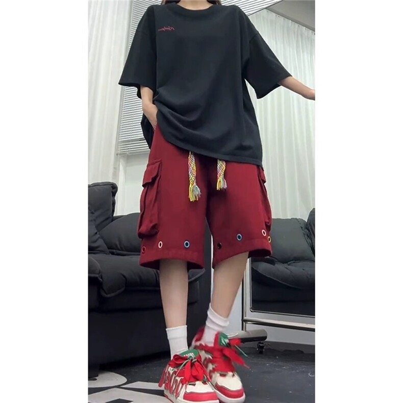 彩色编织抽绳工装短裤男夏季大口袋伞兵工装中裤阔腿薄款五分裤子图片